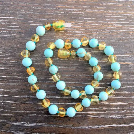 Light Turquoise & honey amber teething necklace