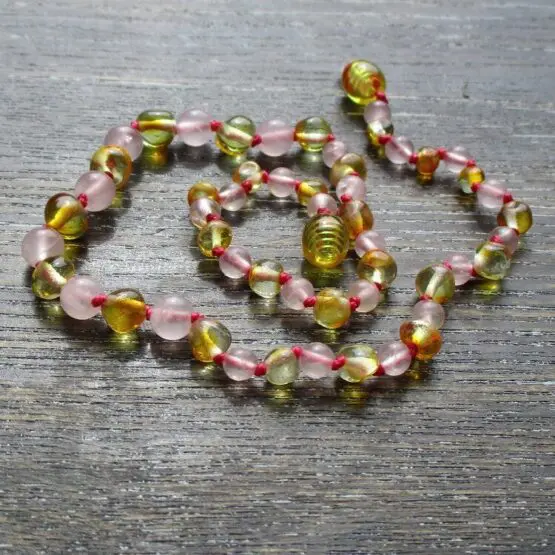 Rose Quartz & Honey Amber teething necklace New Zealand