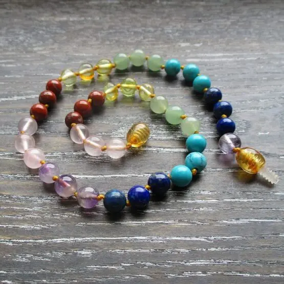 Honey Amber with 6 different crystal teething necklace
