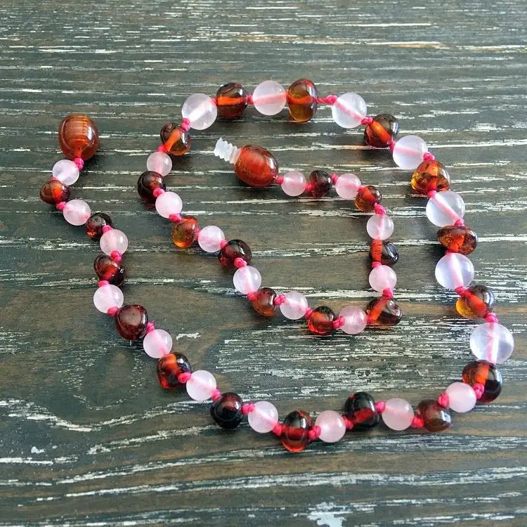 Cognac & Rose Quartz teething necklace 32cm