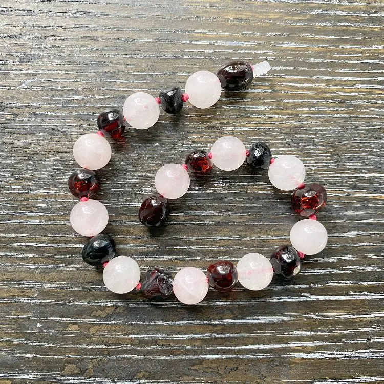 Dark Cherry Amber & Rose Quartz adult bracelet