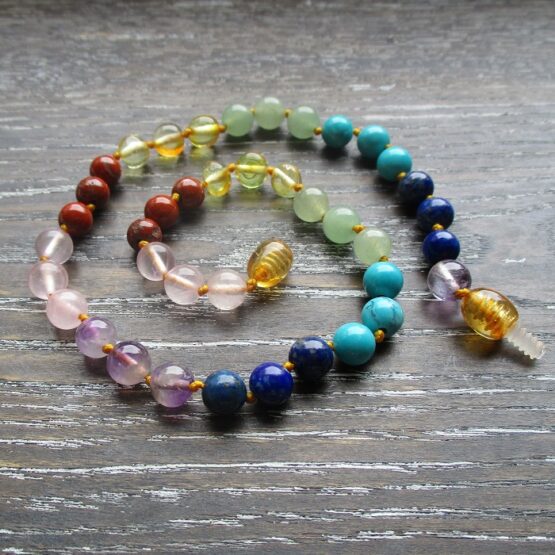 Honey Amber with 6 different crystal teething necklace