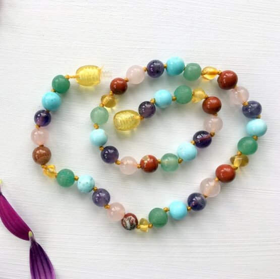 5 mix of crystal plus honey amber teething necklace