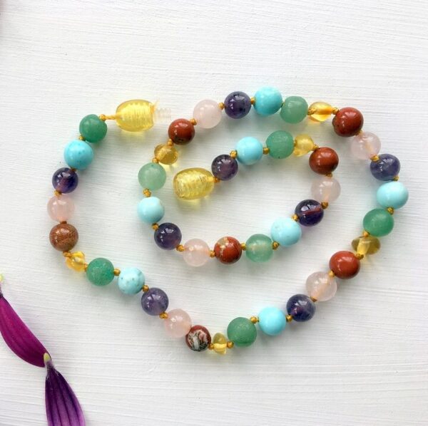 5 mix of crystal plus honey amber teething necklace