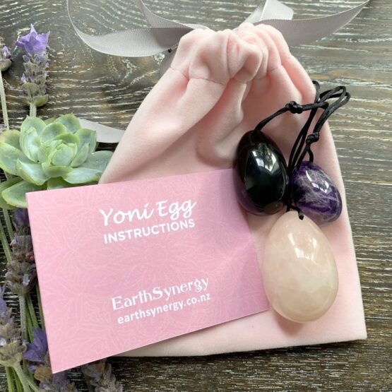 Rose Quartz, Obsidian & Amethyst yoni egg set - drilled