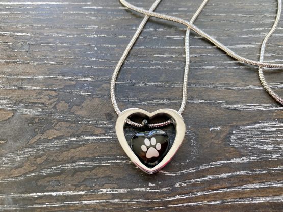 Black Heart Paw Inside Heart Memorial Pendant