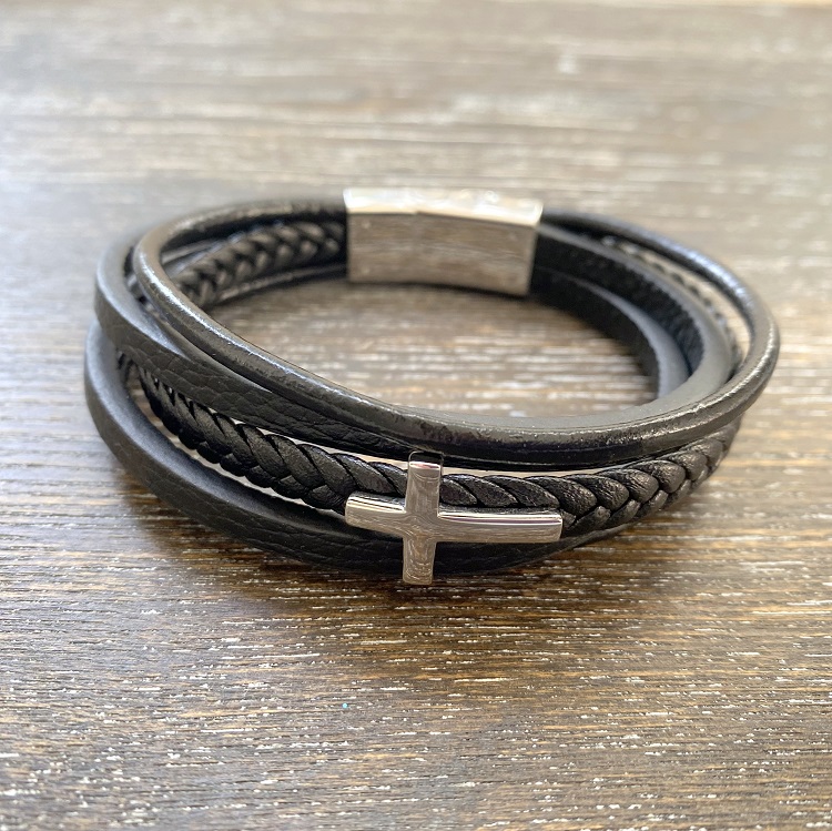 Multi Leather bracelet with cross memorial bracelet