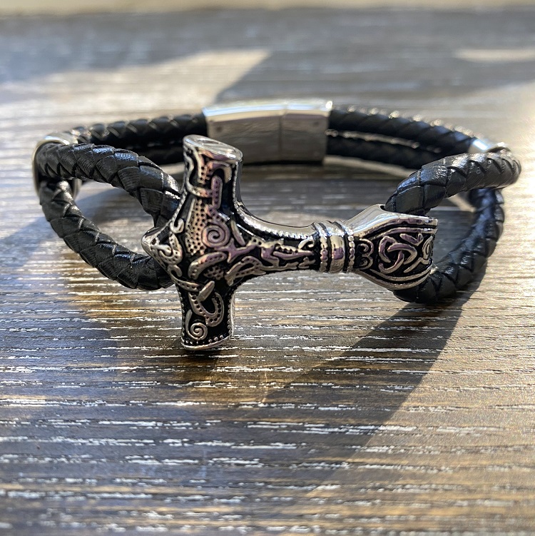 Thor's Hammer leather memorial bracelet