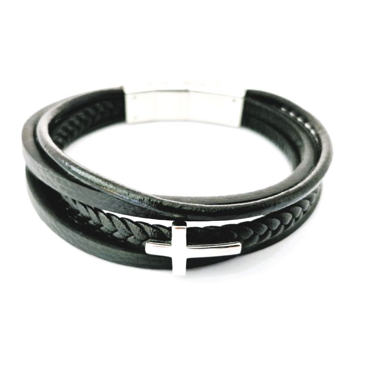 multi layer leather with cross memorial bracelet