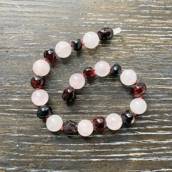 Dark Cherry Amber & Rose Quartz adult bracelet