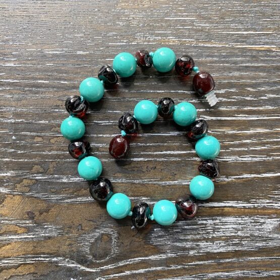 Dark cherry amber & turquoise adult bracelet