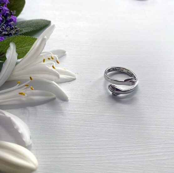 Hugging hands ring 'Always with you' engraved