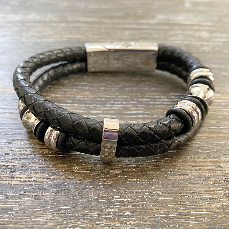 2 braided leather with stainless steel beads