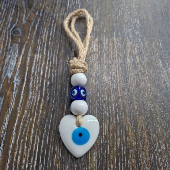 White ceramic heart evil eye wall hanging