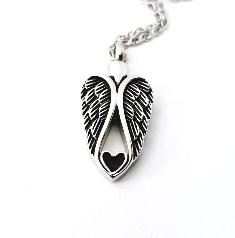 Wings with black heart memorial pendant