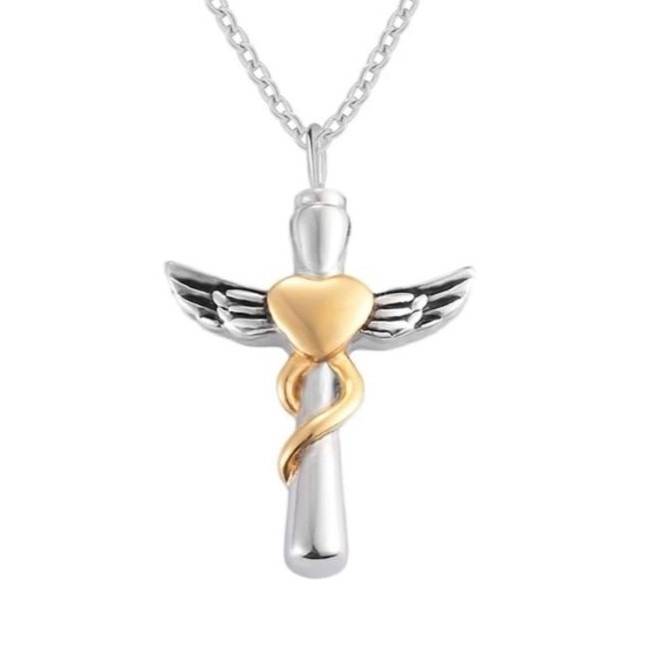 Cross with heart & wings memorial pendant