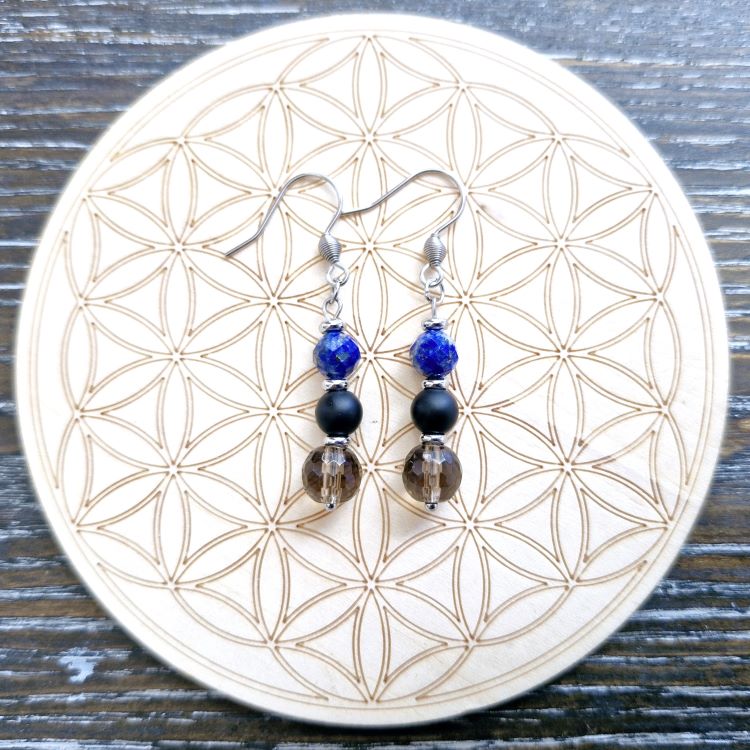 Stress Support Earrings with Lapis Lazuli, Smoky Quartz & Onyx