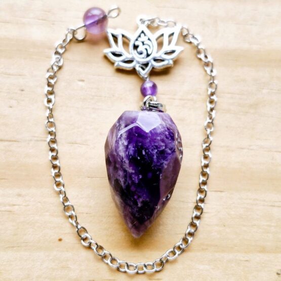 Amethyst faceted pendulum with Lotus charm