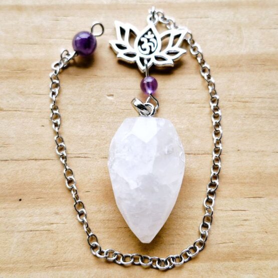 Clear Quartz faceted pendulum with Lotus charm