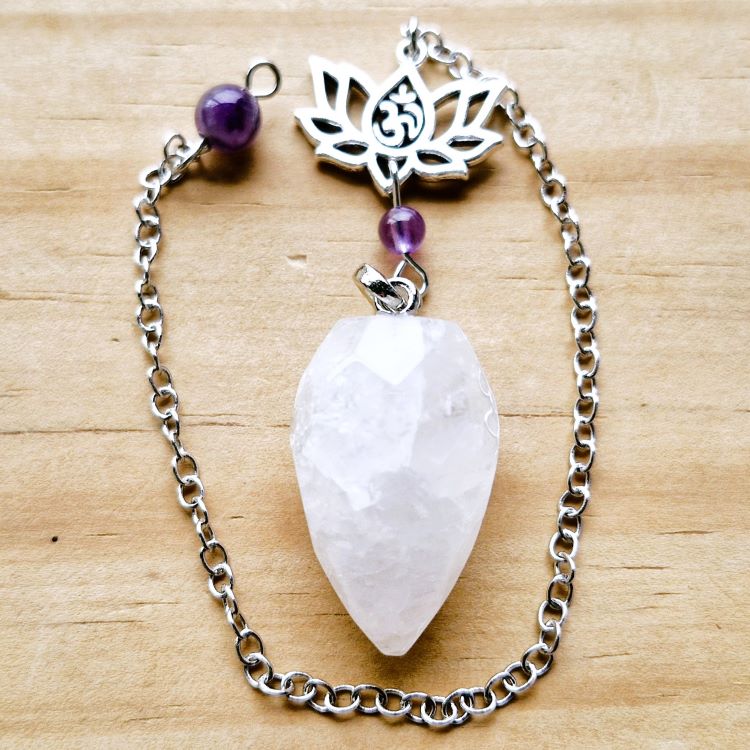 Clear Quartz faceted pendulum with Lotus charm