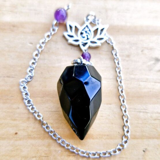 Obsidian faceted pendulum with lotus & OM charm