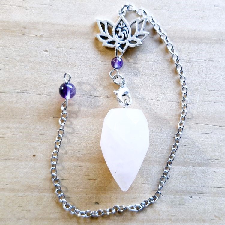 Rose Quartz Faceted Pendulum with Lotus Charm
