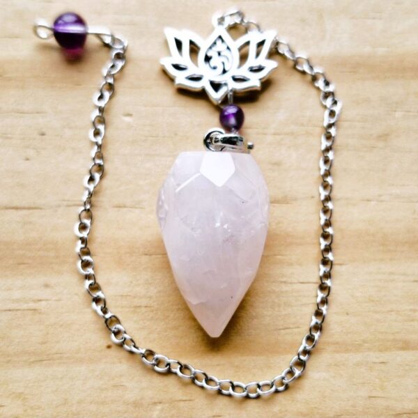Rose Quartz faceted pendulum with Lotus charm