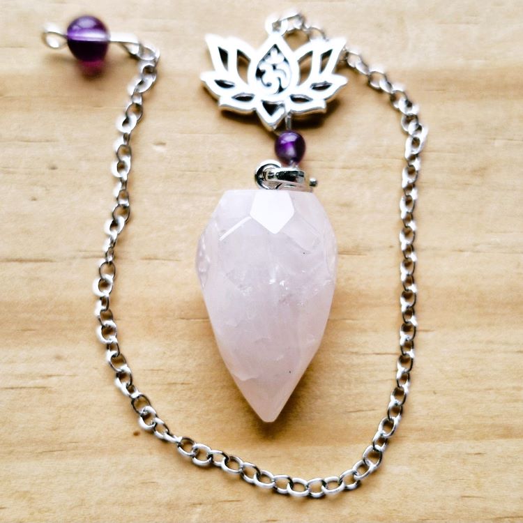 Rose Quartz faceted pendulum with Lotus charm