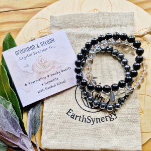 Grounded & Steady Crystal bracelet trio with Tourmaline, Smoky Quartz & Hematite